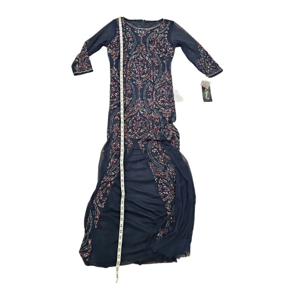 PISARRO NIGHTS Sequin Beaded Illusion Gown In Navy Sz 10 - Picture 11 of 12
